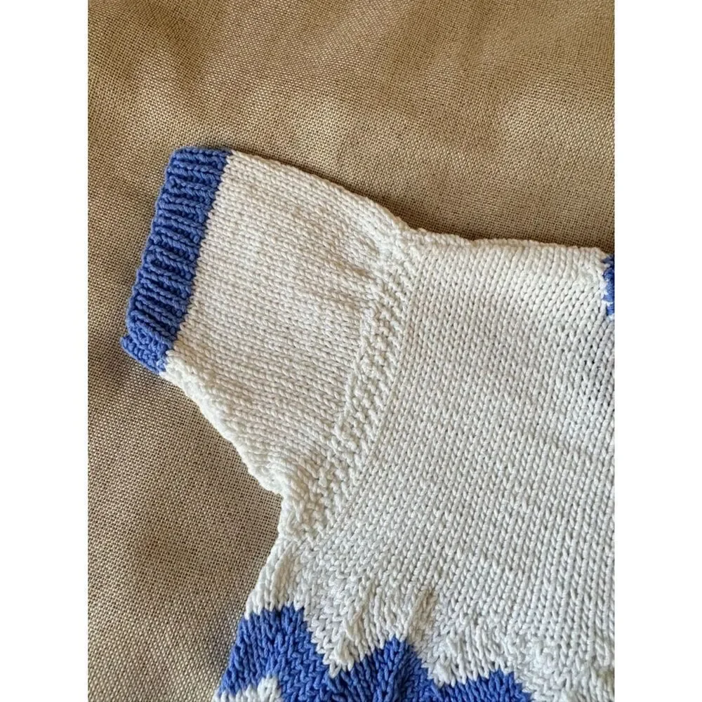Vintage 1960s Hand Knit Baby Dress Blue White Chevron 9-12M